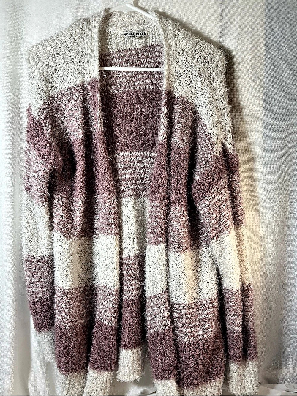 MORAL FIBER Fuzzy Striped Open Front Cardigan Pink & Cream Large